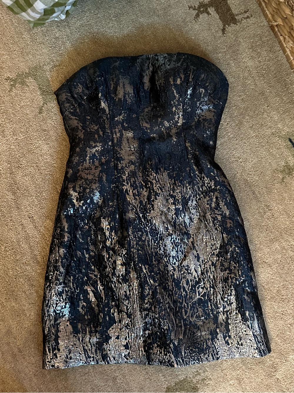 Rene Ruiz Strapless Metallic Black and Gold Mini Dress